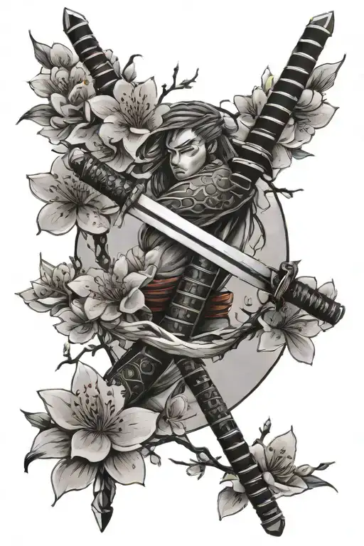 Katana Surrounded By Cherry Blossoms And Branch