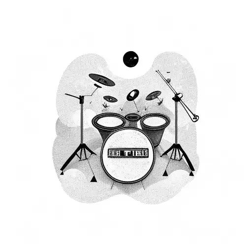 A Black And Grey Tattoo Of A Drum Kit Floating In Outer Space