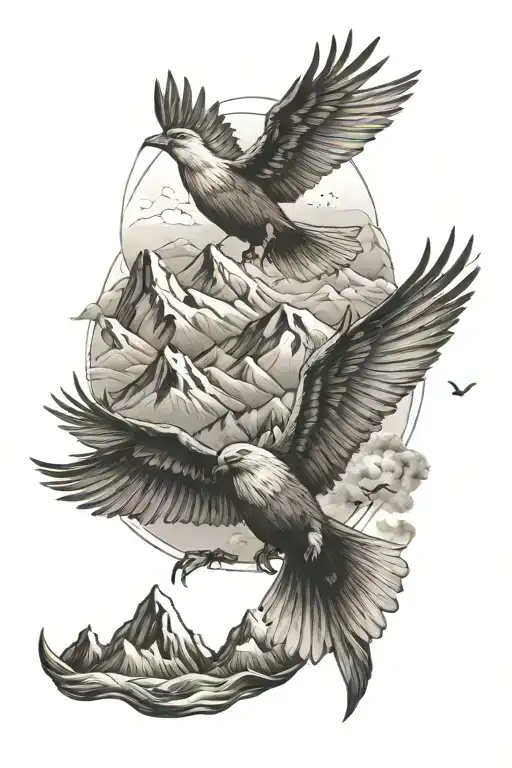 Create An Image Of A Sleeve Tattoo With Mountains Birds And You Raise Me Up Quote In It
