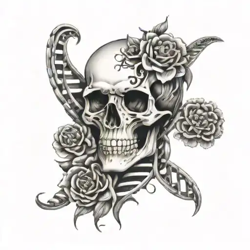 Dna Double Helix Intertwined Coming Out Of Skull Eyes With A Flame And Flowers