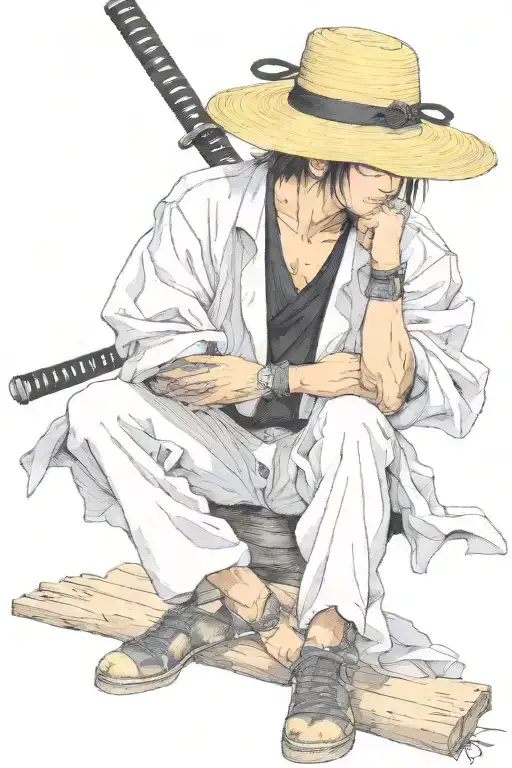 Vagabond Thinking Mitamoto Muashi With Tanjiro Katana Sword With A Straw Hat And Three Swords