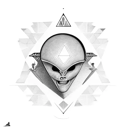 Alien Head Above A Ufo Abducting Humans Over Pyramids With Geometric Patterns