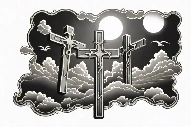 Three Crosses With Clouds Underneath And Sun Rays On Top