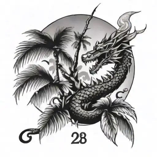 Palm Trees With A Dragon With The Words 28 Palms With Lotus Flowers