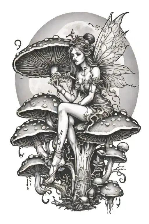 A Magical Fairy Sitting On Mushrooms Looking At The Moon
