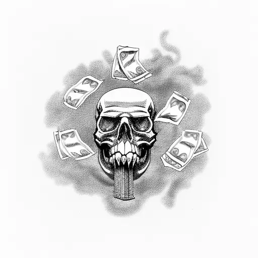 Smoke Skulls Surrounded By Stacks Of Money