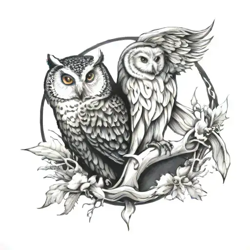 Snow Owl With Wolf Under The Moon