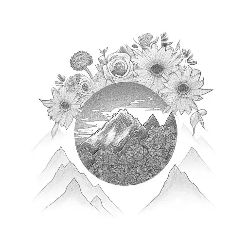 A Camera Lens Surrounded By Blooming Flowers And Towering Mountains In The Background