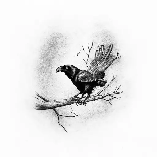 A Raven Perched On A Branch With Intricate Dotwork Details