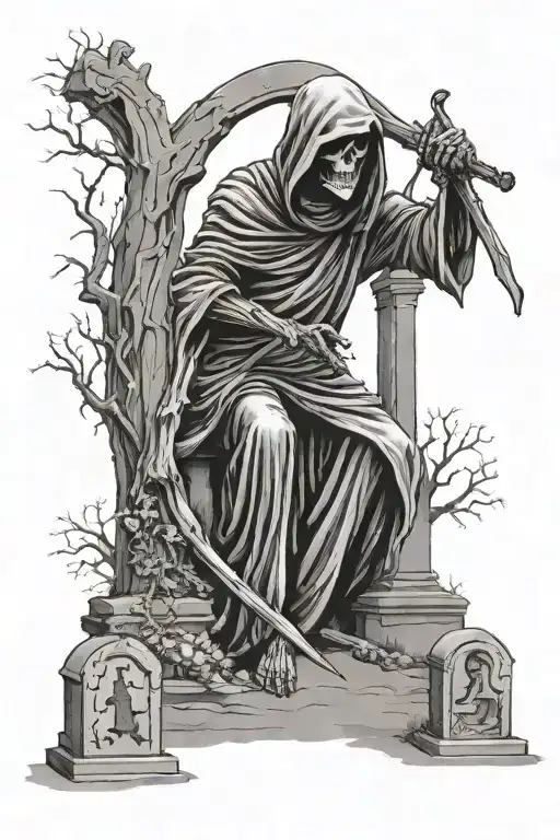 Grim Reaper In Graveyard Scene With Tombstones Realistic