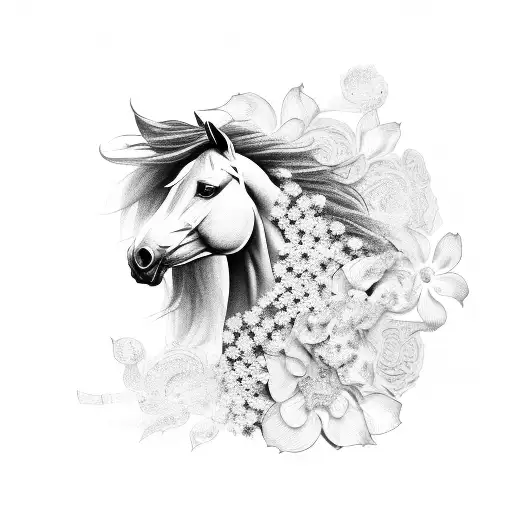 A Black And Grey Design Of A Horse's Mane Flowing Into A Trail Of Delicate Flower Petals