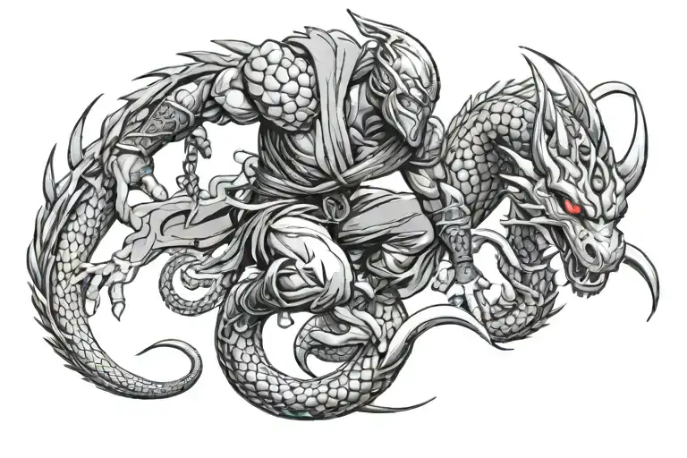 Ninja Warrior Battling A Dragon