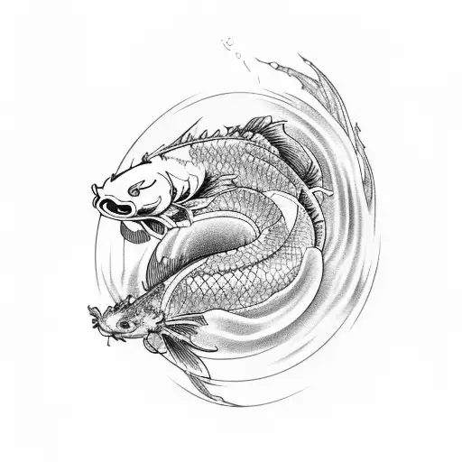 Koi Fish Going Up A River And Becoming Dragon While Arriving At Waterfall