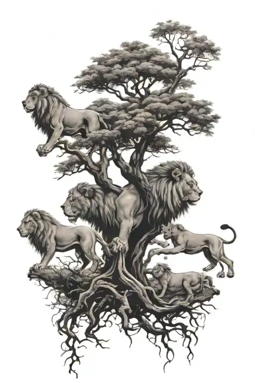 Acacia Tree With 5 Lions In And Around
