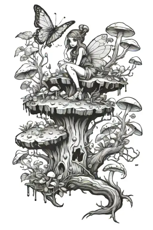 Fairy On A Tree Stump Covered With Mushrooms