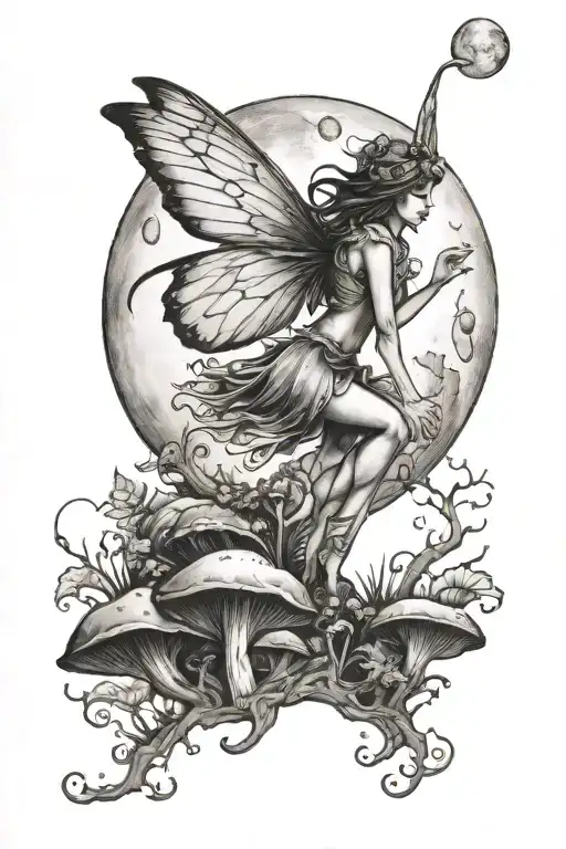 Fairy Flying In Front Of Moon On Mushroom