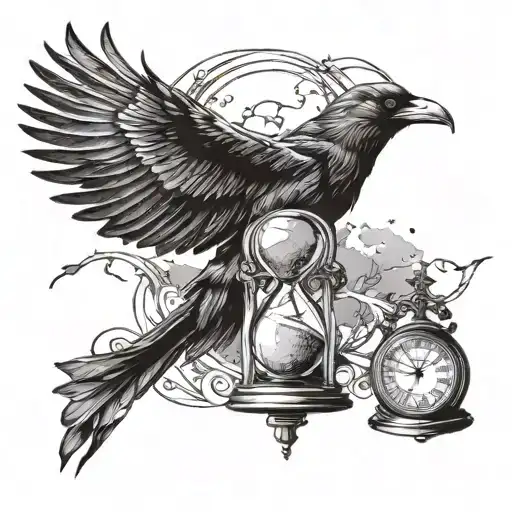 Broken Hour Glass With Crow Flying Away With Moon In The Background