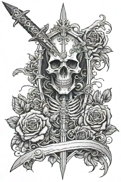 A Sword Pierced Into A Skeleton In Roses With Thorns