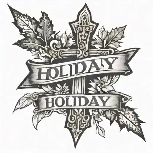 A Shoulder Tattoo That Includes A Cross In The Background With The Name Holiday Across The Front