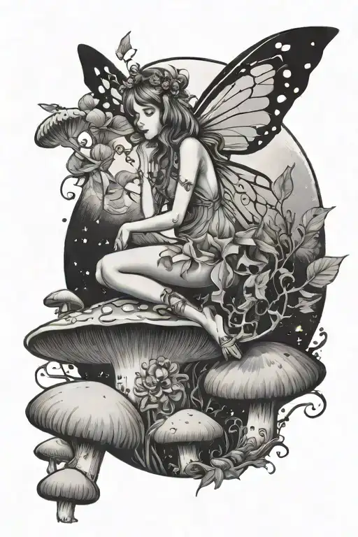 A Whimsical Fairy Sitting On Mushrooms Looking At A Whimsical Moon