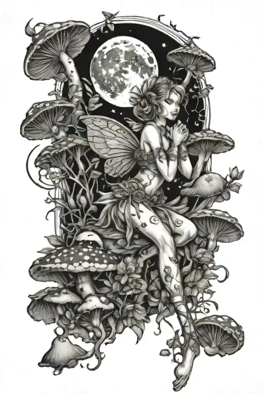 A Fairy Surrounded By Flowers And Mushrooms With A Moon