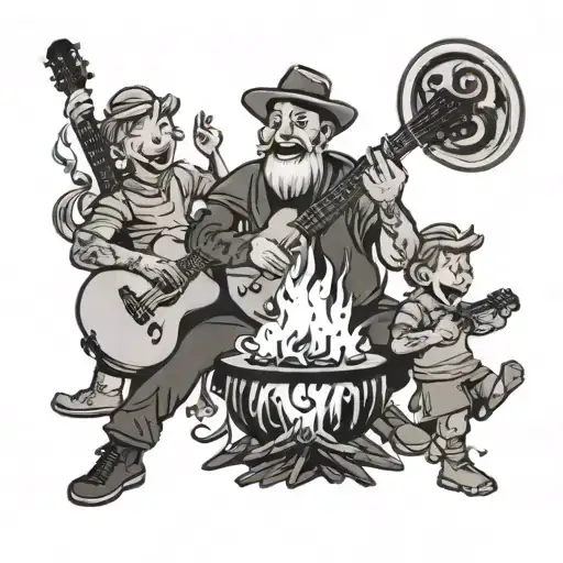 An Entertainer Playing Guitar Around A Campfire With Children Singing And Dancing