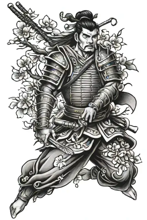 Japanese Warrior And Cherry Blossom Tree