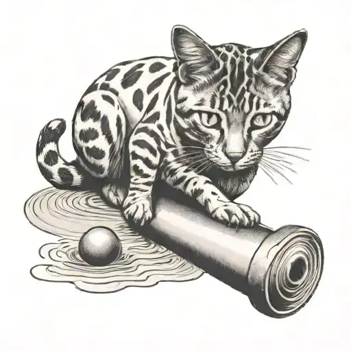A Black And Grey Tattoo Of A Cat Playing With A Curling Stone On A Beach