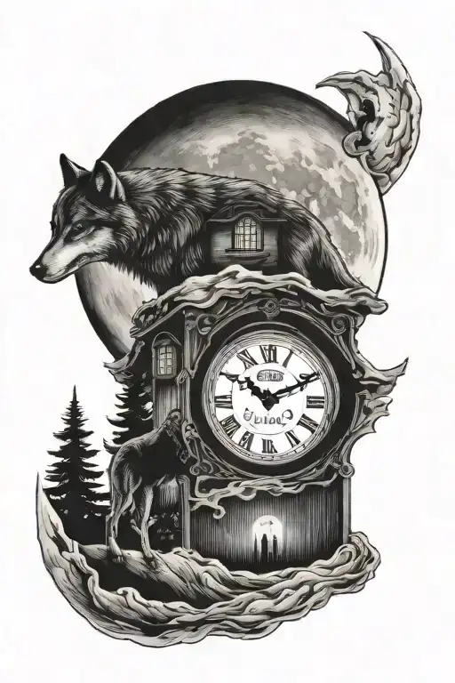 Lone Wolf Clock On Background And The Moon In The Sky