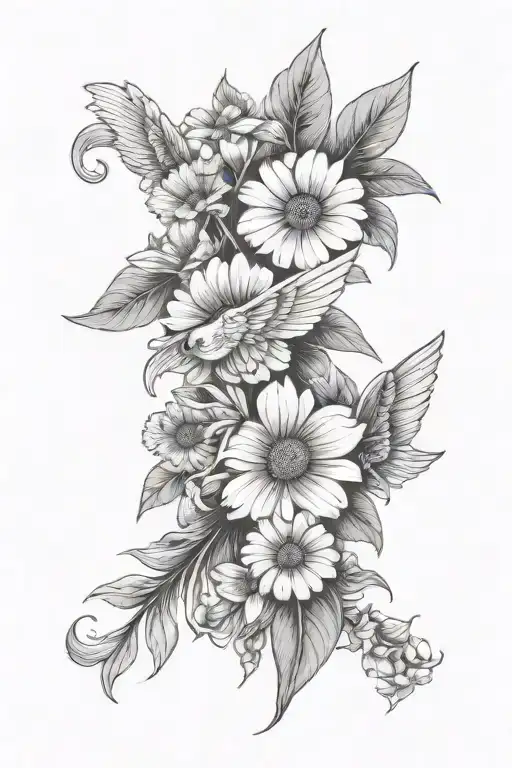 Simple Forearm Tattoo With Daisies And Morning Glories With Angel Wings