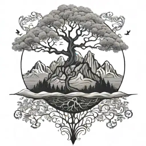 Half Tree Of Life And Half Mountains Scene