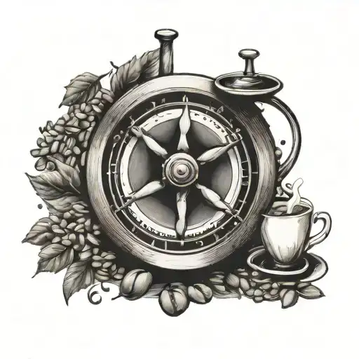 A Sleek Black And Grey Tattoo Of A Spinning Wheel Surrounded By Coffee Beans
