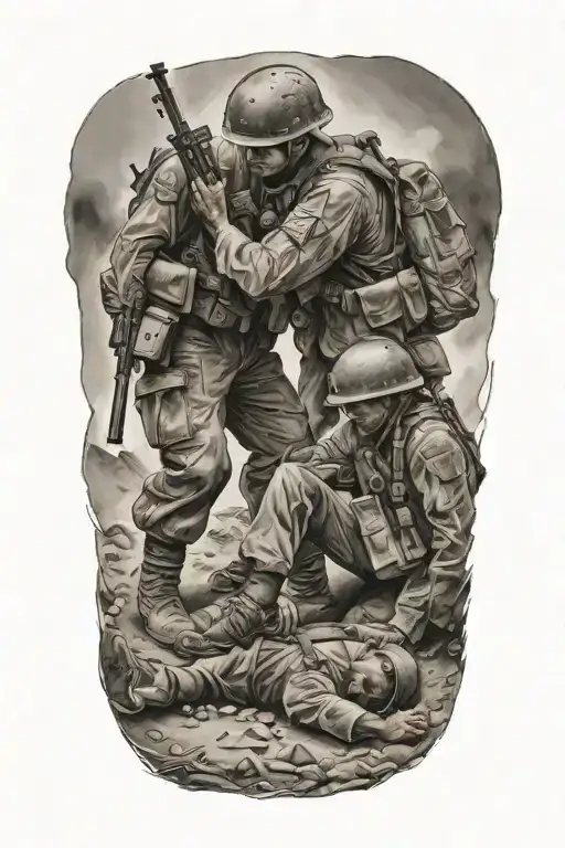 1 Soldier Standing Over A Wounded Comrade Laying On The Ground
