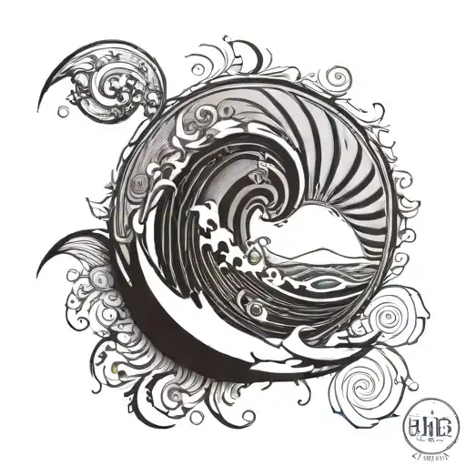 Fibonacci Sequence Inspired Tattoo Featuring Wind Against Waves And Sun Rays Shining Bursting