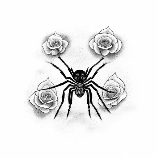 A Black And Grey Tattoo Of A Spider Weaving A Web Of Roses