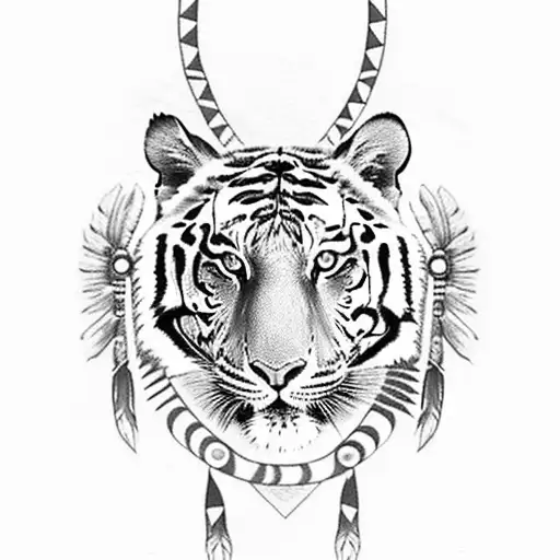 Native American Women Wearing Tiger Headress With A Small Cros Next To Her