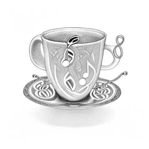 A Coffee Cup With Musical Notes Pouring Out And Celtic Patterns On The Handle