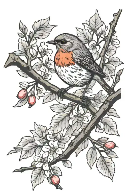 Robin And Cherry Tree Branch