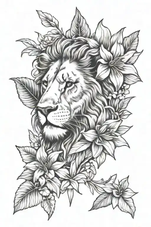 Half Lion Face Surrounded By Lilly Flowers And Sunflowers And Hibiscus Flowers