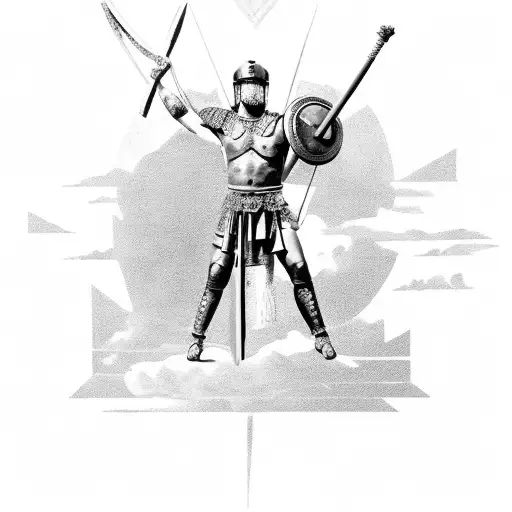 Roman Gladiator Standing Looking Up To Sky With Sun Rays Beaming Down With Gods Spear