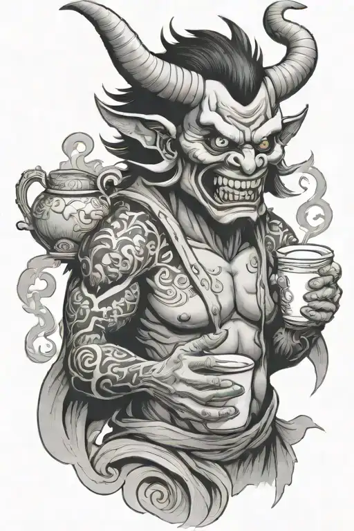 Japanese Demon Holding A Cup Of Coffee