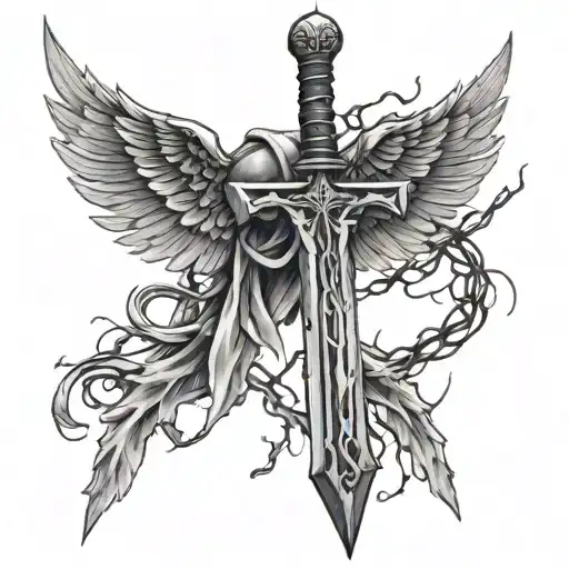 Open Angel Wings And A Giant Sword Covered In Lightning