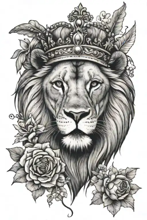 Lion Wearing A Crown With Flowers And Raven Perched