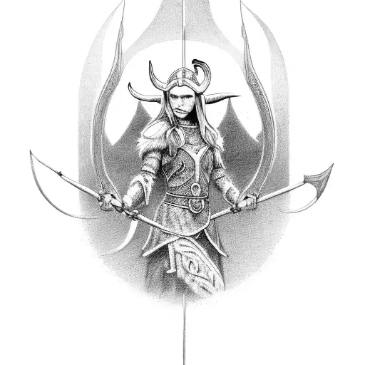 A Beautiful Elf Like Viking Womans Portrait Dressed In Furs And Bones Aiming A Bow And Arrow