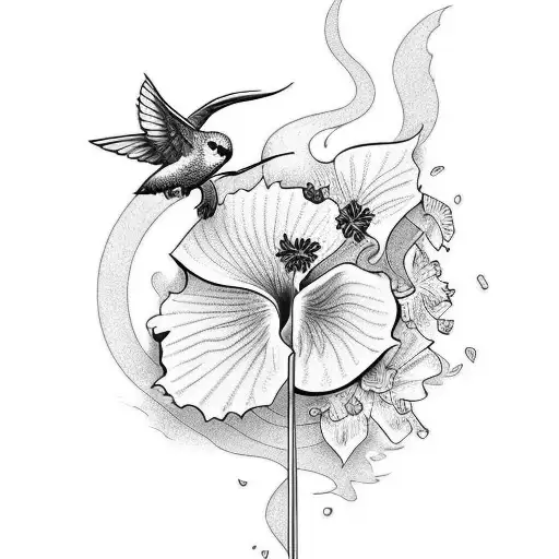 A Finance-themed Tattoo Featuring A Hummingbird And Hibiscus Flowers In A Black-grey Style