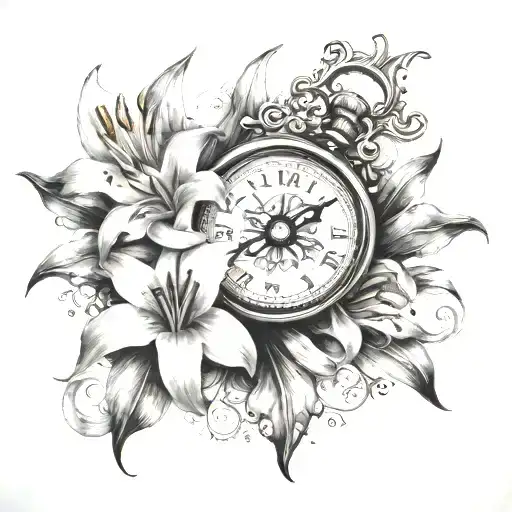 Lilies And Clock And A Compass