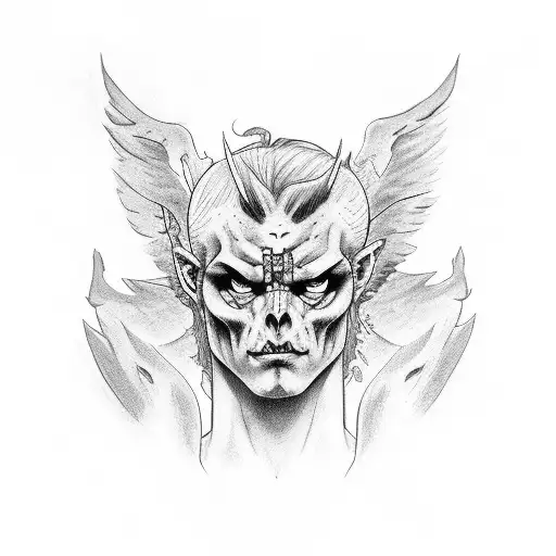 Left Side Angel Right Side Demon On Knees With Wrist Tied