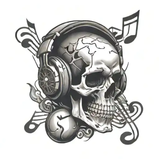 Skull Wearing Headphones Surrounded By Musical Notes