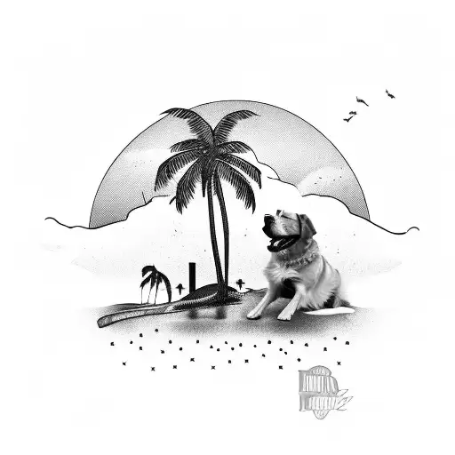 A Florida Sunset With Palm Trees And Dog Silhouettes