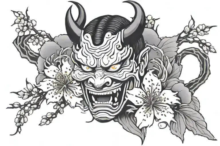 Black And Grey Hannya With 5 Cherry Blossoms Falling